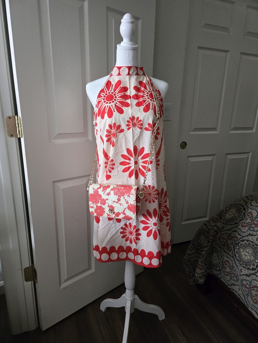 Tory Burch Red and Cream Floral Clutch Maych With Dress .